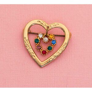 Vintage Colorful Rhinestones Gold Tone Hollow Heart Brooch | H28